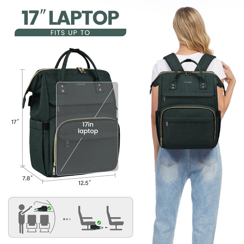 LOVEVOOK Laptop Backpack for Women 17 Inch Professional Womens Travel Backpack Purse Computer Laptop Bag Nurse Teacher Backpack Waterproof Work Bags Carry on Back Pack with USB Port Dark Green - Image 5